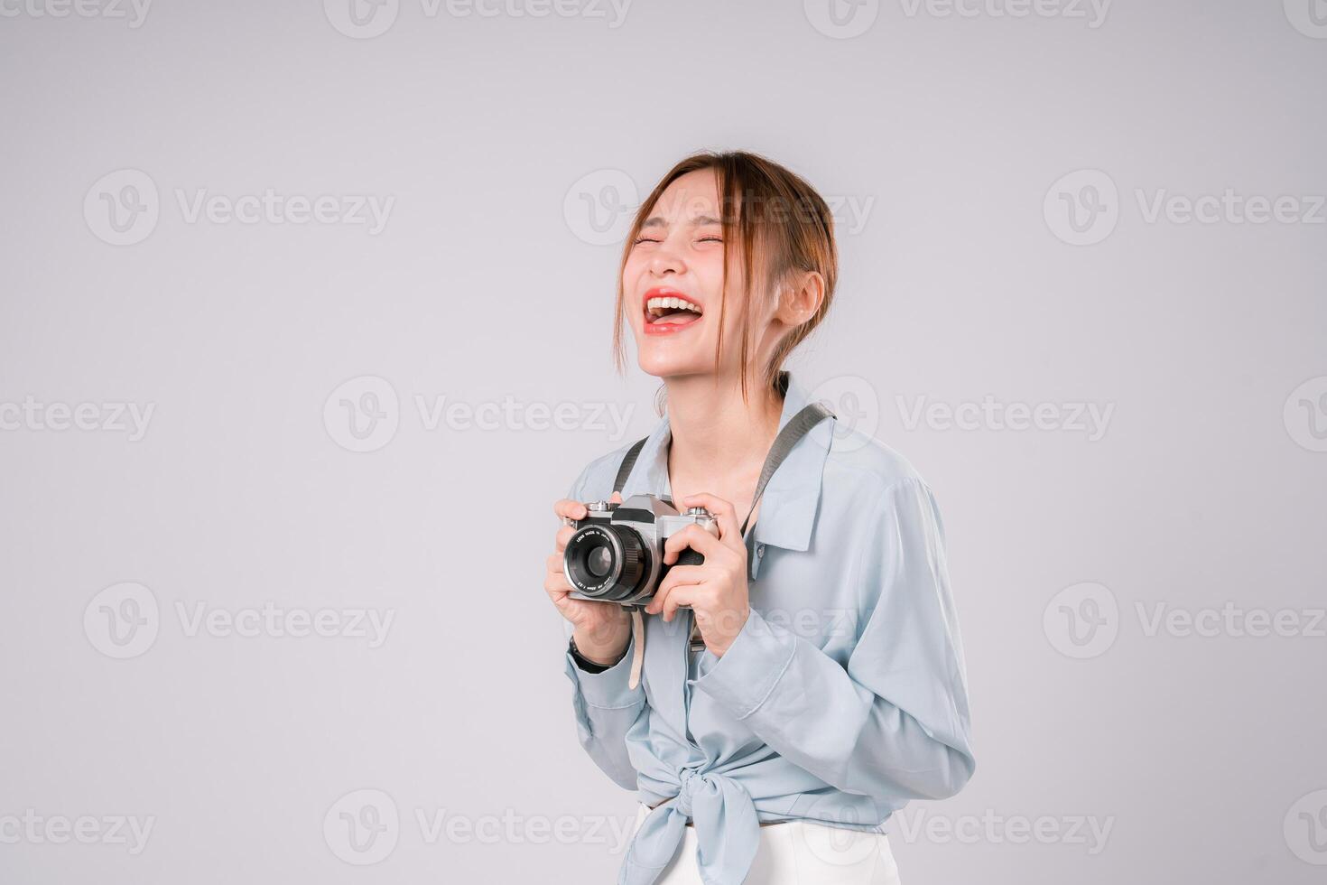 Asian Woman Female Camera Traveler Happy Smile Photo Portrait Person, Joyful Tourist Capturing the