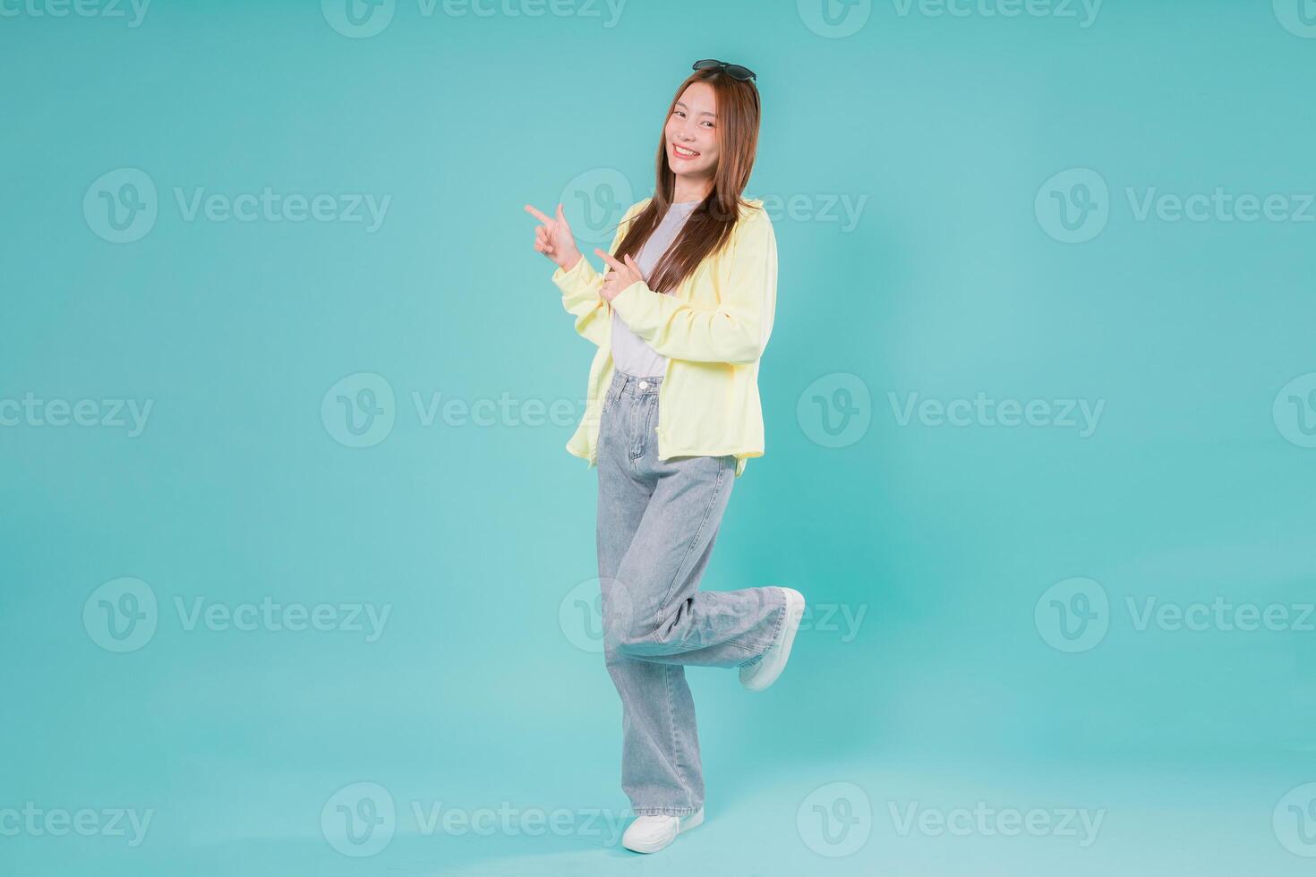 Woman Pointing Advertisement Excited Joyful Gesture Youth Teenage Positive, A Cheerful Young Lady in photo
