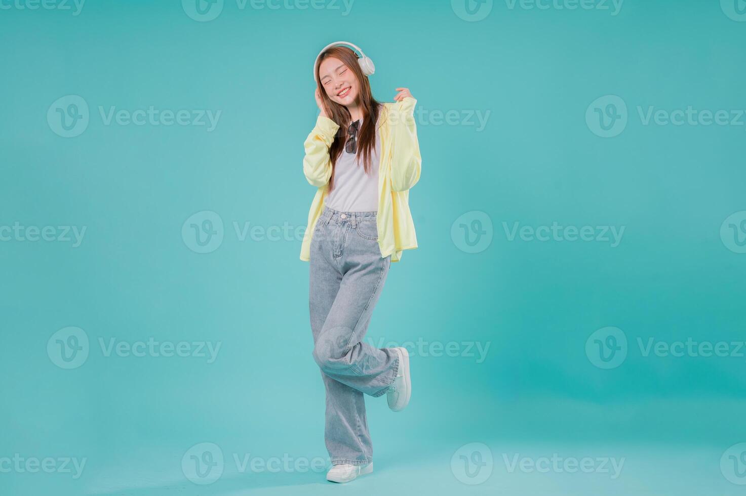 Woman Dance Enjoy Song Listen Sound Headphone Teenager Posing Positive, A Stylish Young Lady Smiling photo