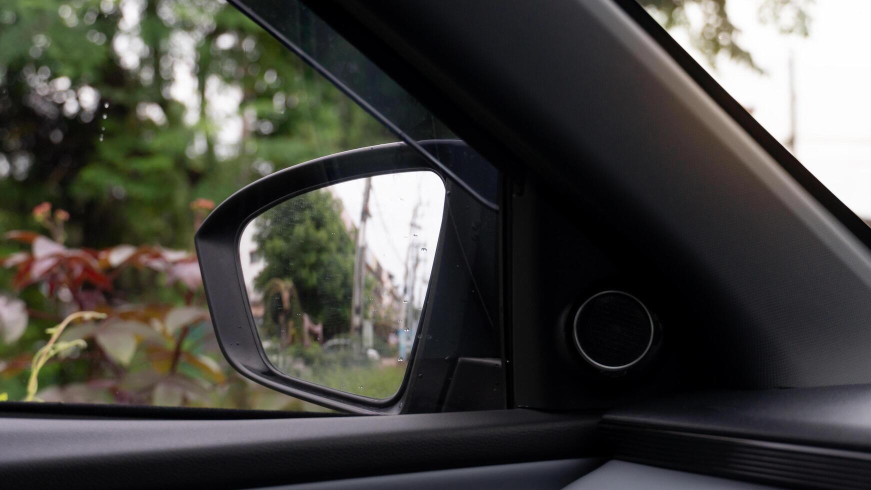 Inside view of mirrors wing. Rear view green trees in the daytime. Car parking in the garden. photo