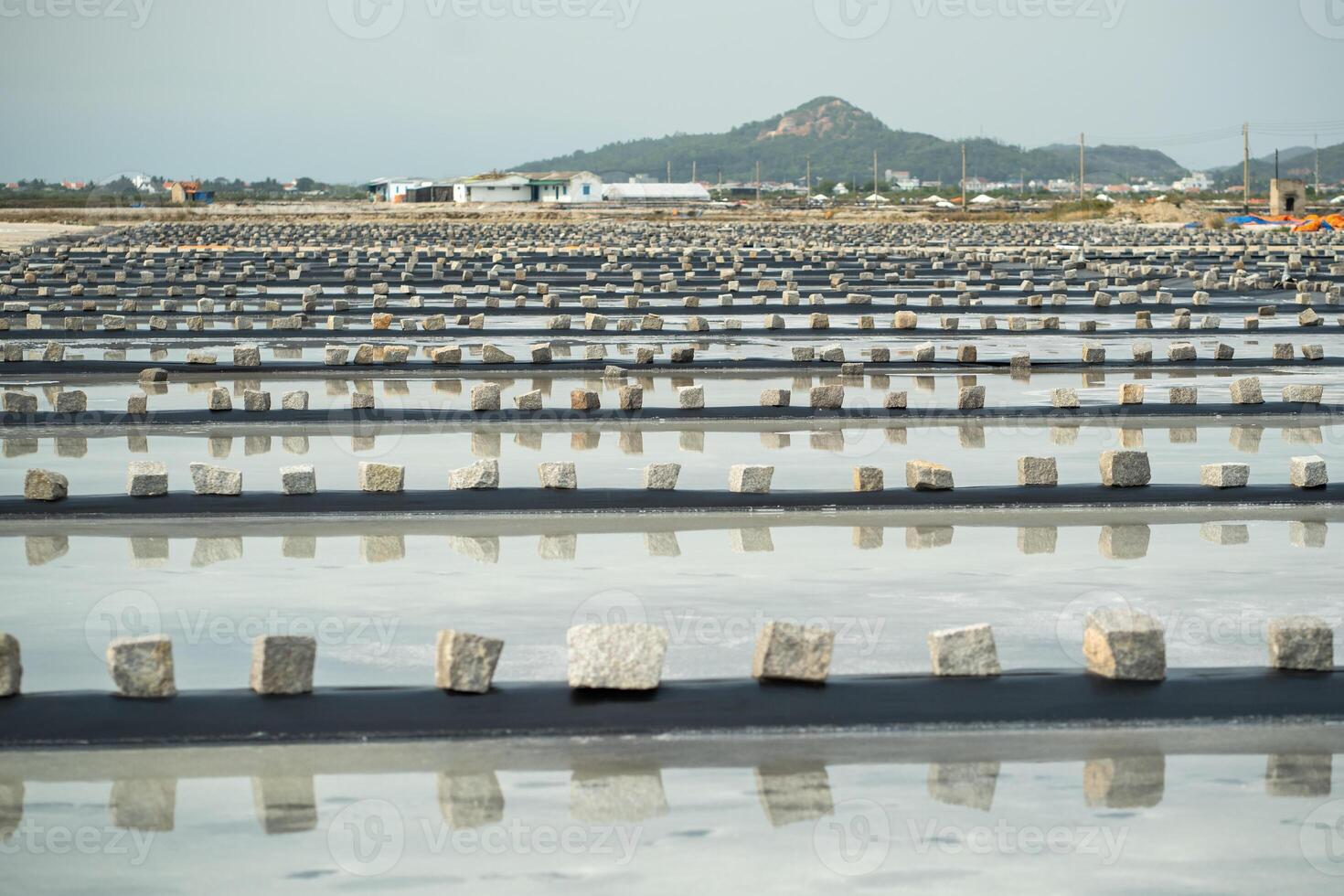 Sun drenched salt pan in Vietnam with mass sea salt evaporation. Agriculture rural field in Hon Knoi photo