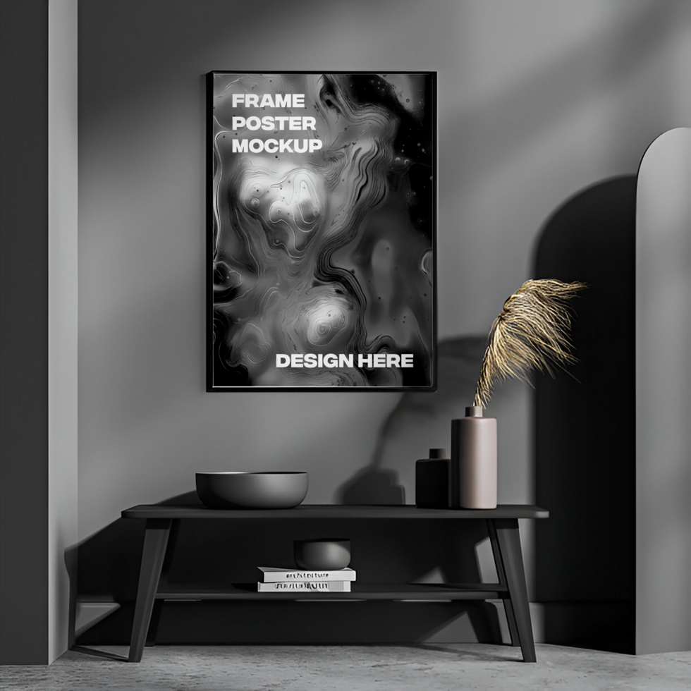 Black Frame Wall Art Mockup - Monochrome Modern Interior Scene psd