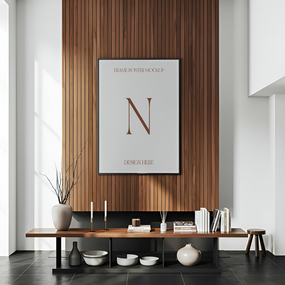 Modern Wood Slat Accent Wall with Frame Mockup psd