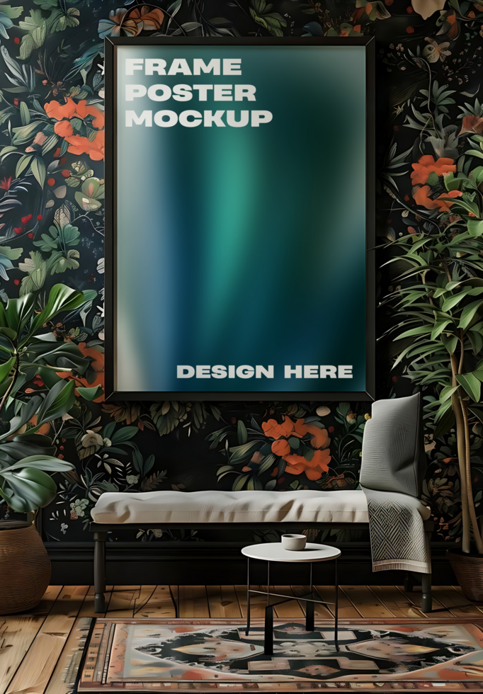 Indoor Framed Poster Mockup in Botanical Room psd