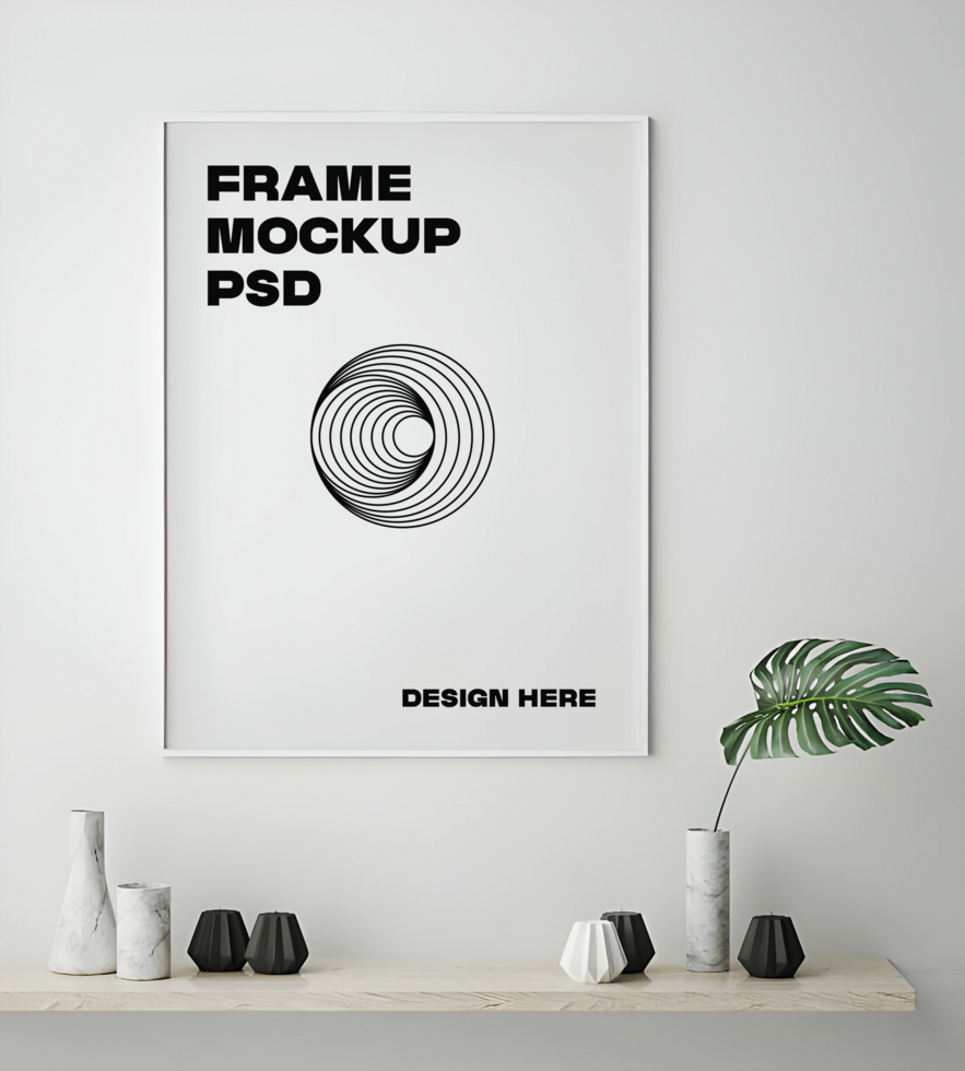 Modern Frame Mockup with Geometric Design and Plant Decor psd