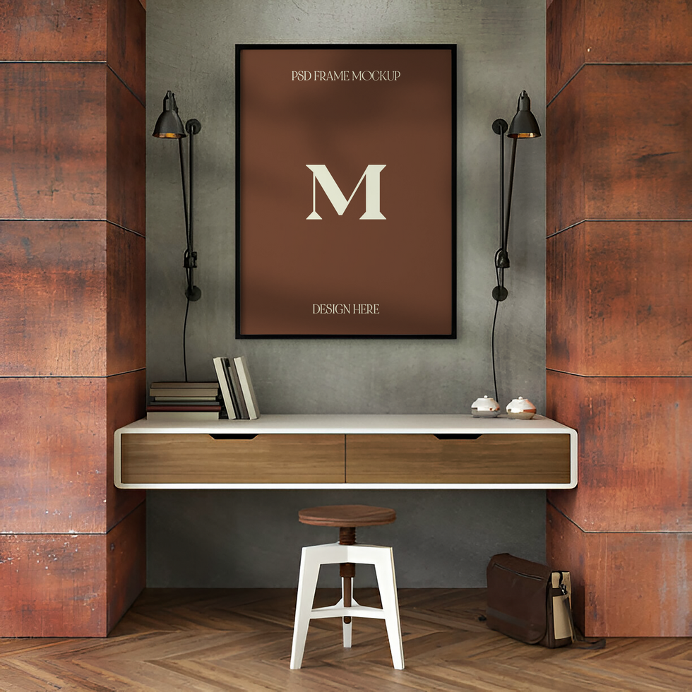 Industrial Home Office with Framed Poster Mockup and Floating Desk psd
