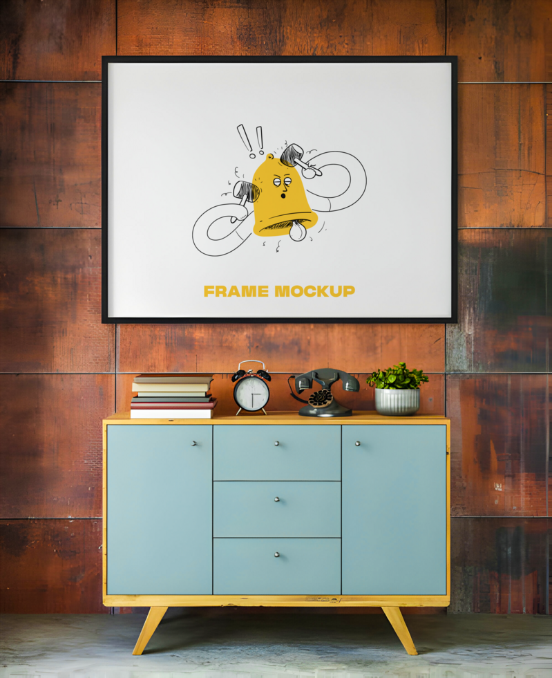Horizontal Picture Frame Mockup on Rustic Wood Wall with Vintage Furniture psd