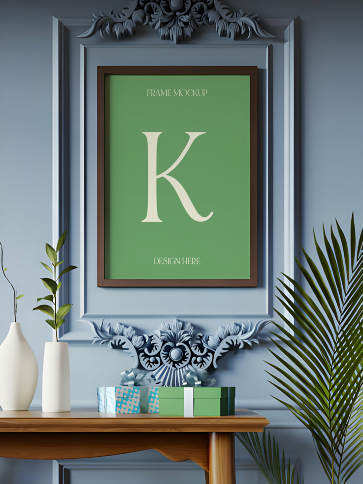 Elegant Classical Interior with Ornate Frame Mockup and Plant Decor psd