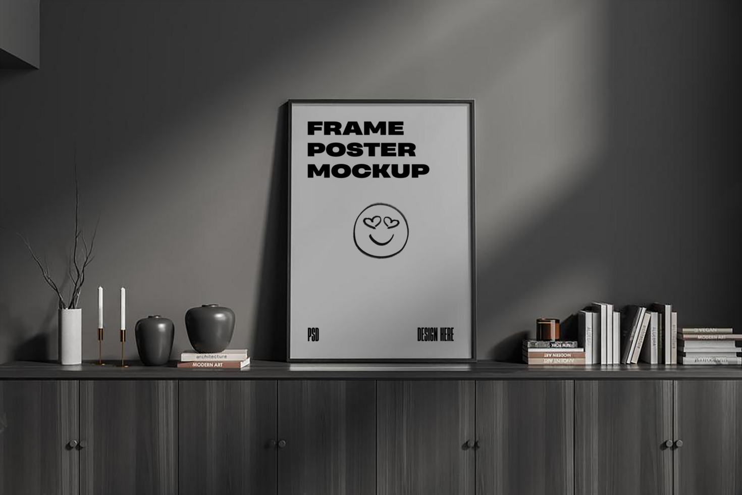 Indoor Framed Poster Mockup on Cabinet psd