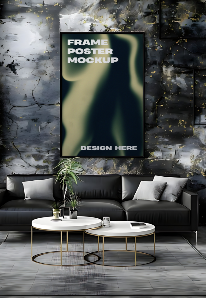 Indoor Framed Poster Mockup in Modern Living Room psd