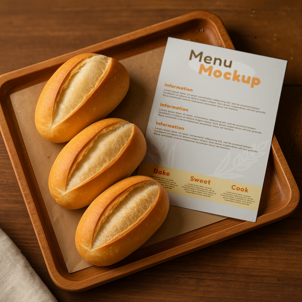 Mockup of a menu with bread on a wooden board psd