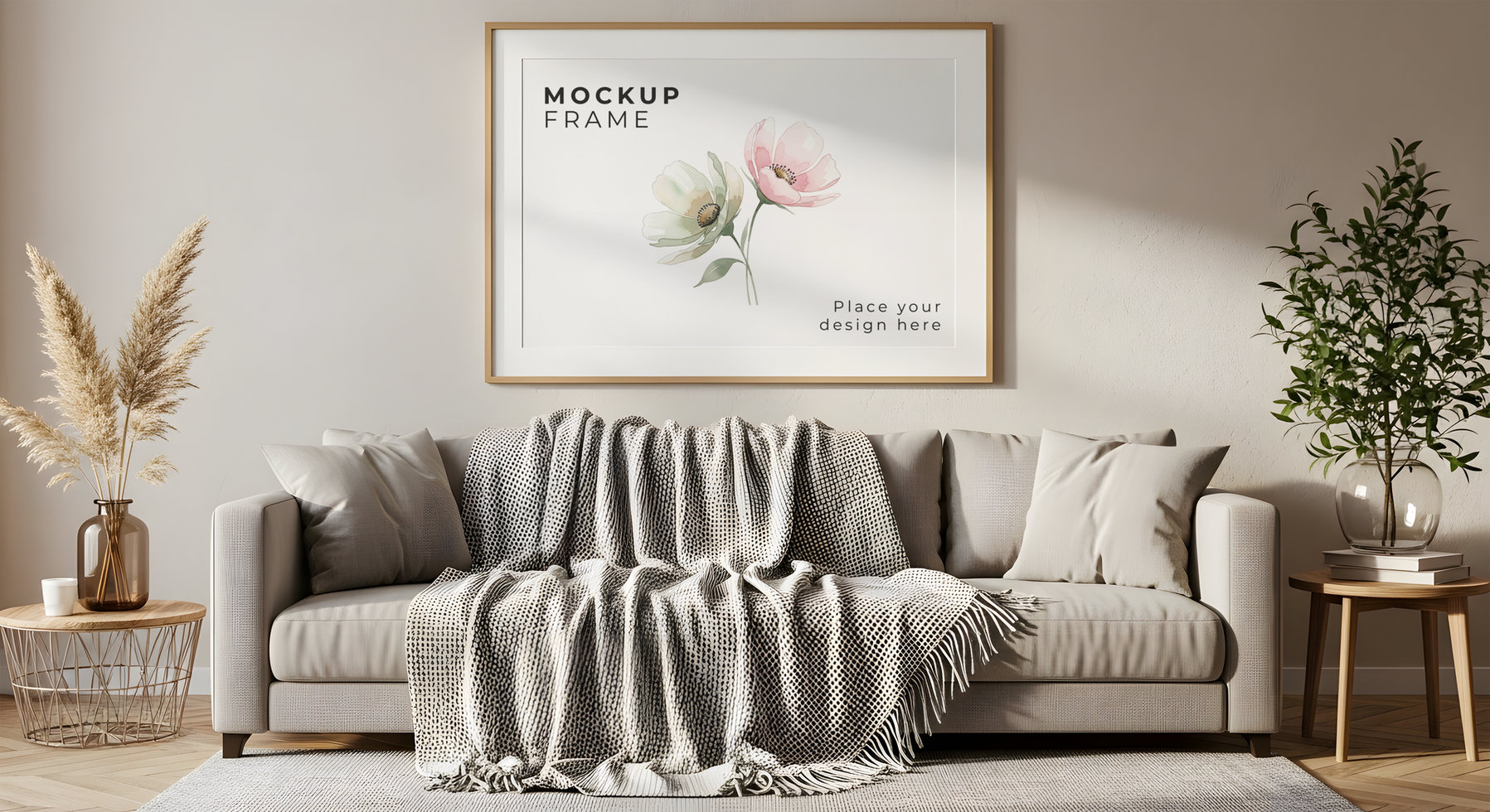 Cozy Living Room with Framed Art and Neutral Decor psd