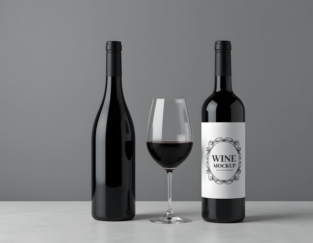 Two wine bottles mockup with glass psd