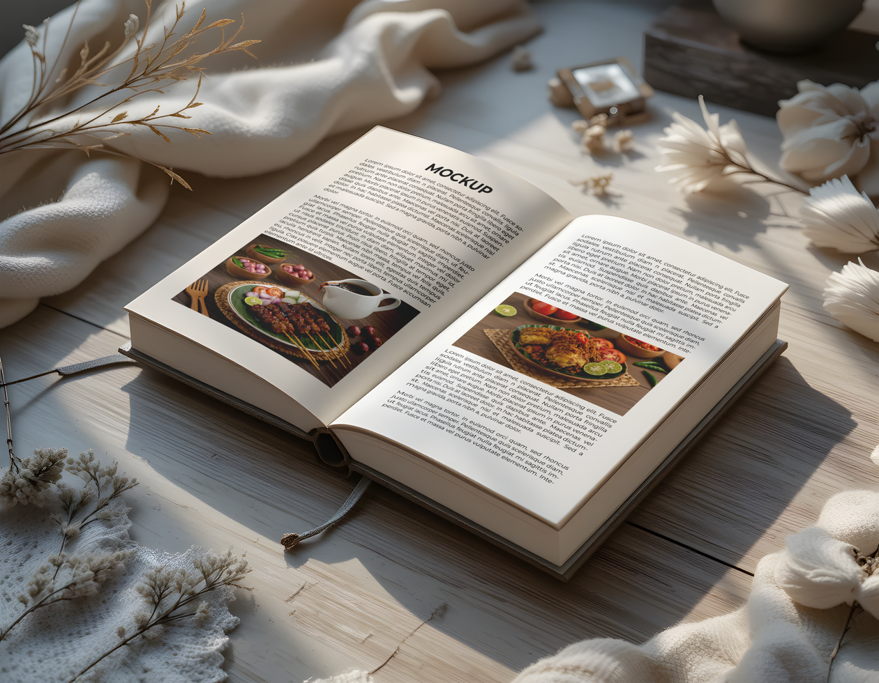 Open Book Mockup on a Wooden Table with Food and Soft Lighting psd