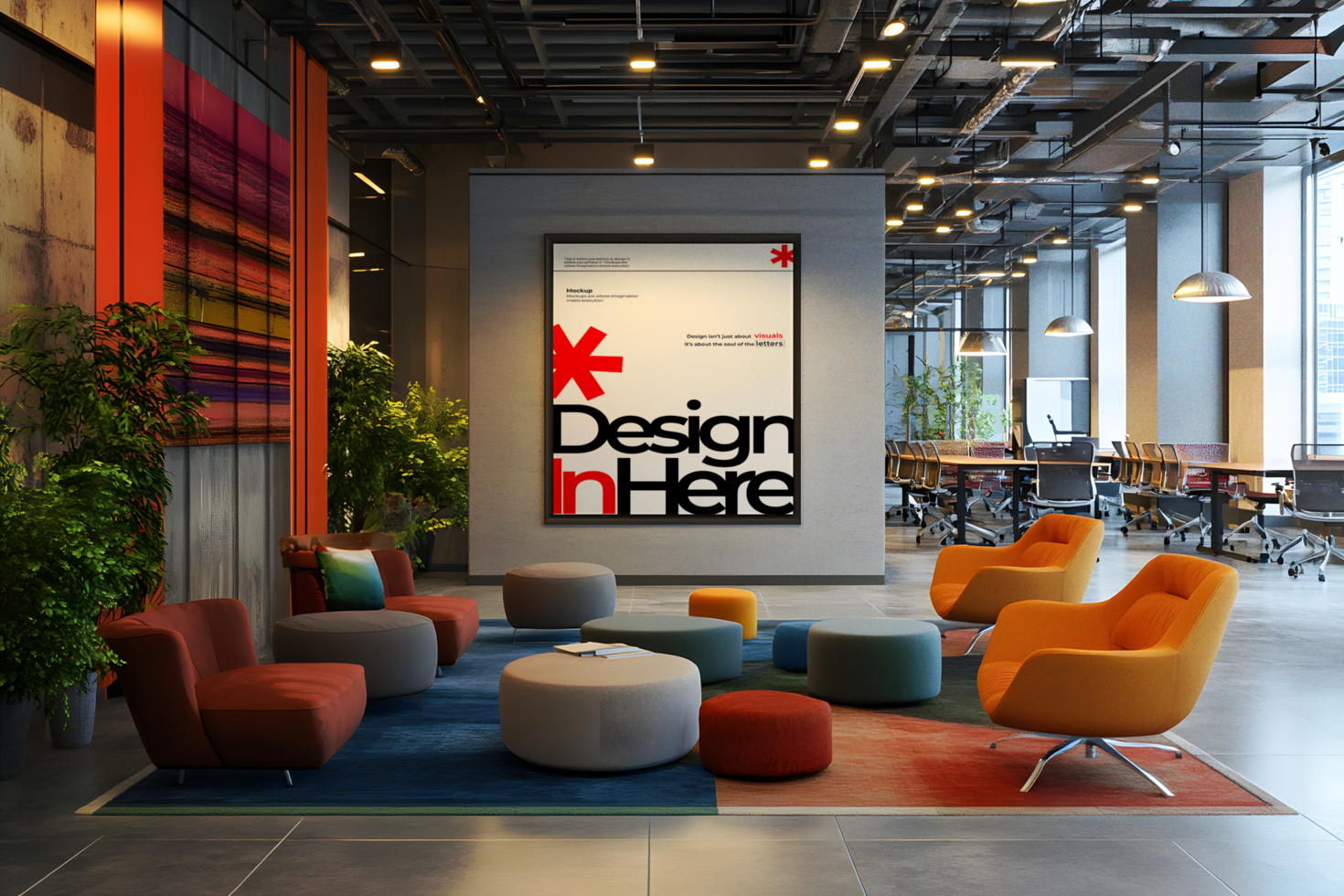 Creative Office Lounge with a Large Poster Mockup psd