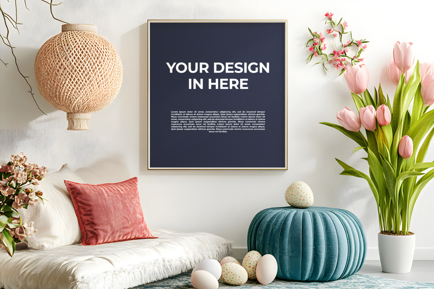 Spring Themed Living Room with Frame Mockup psd