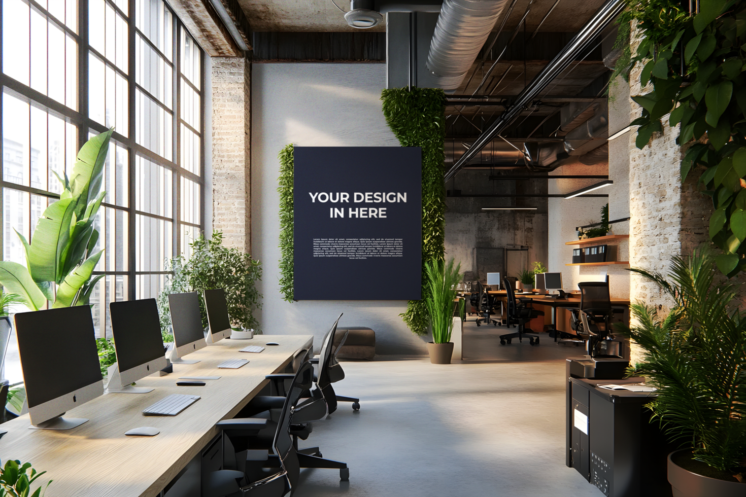 Biophilic Industrial Office with a Wall Mockup psd