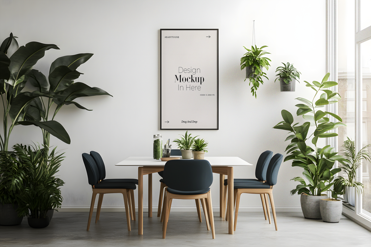 Biophilic Dining Room with a Vertical Frame Mockup psd