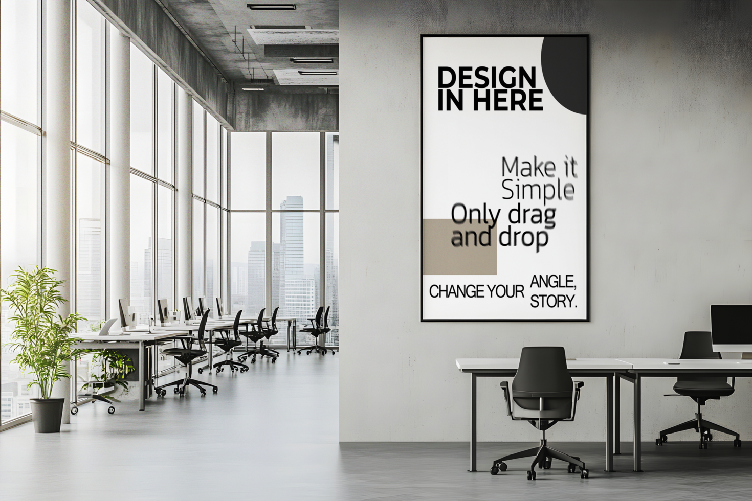 Modern Office with a Poster on a Concrete Wall psd
