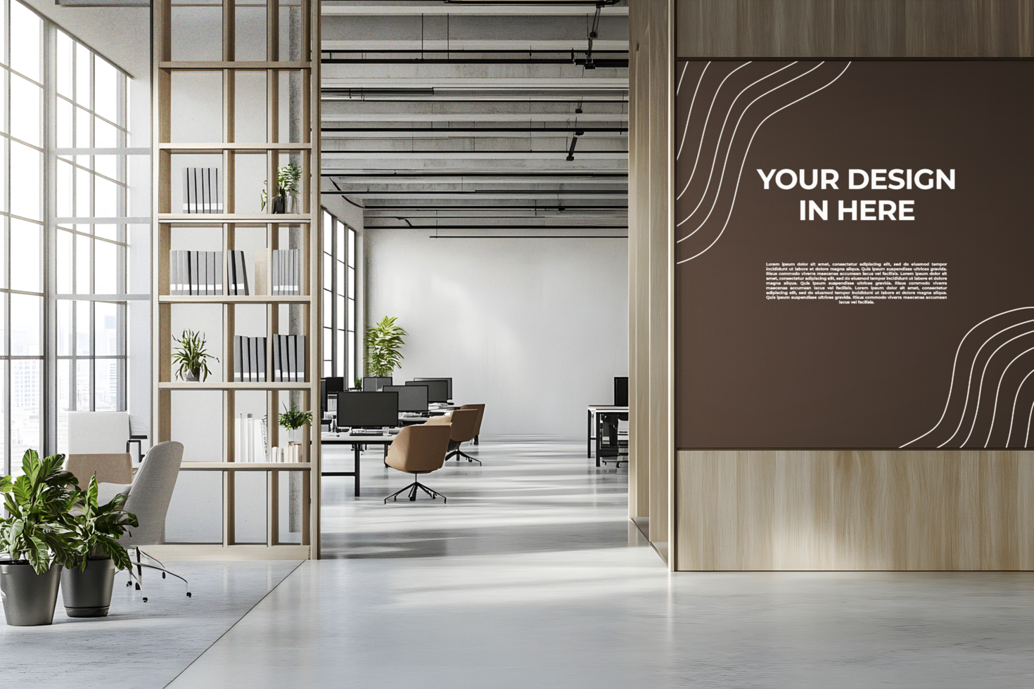 Office Screen Mockup with a Wooden Bookshelf Divider psd
