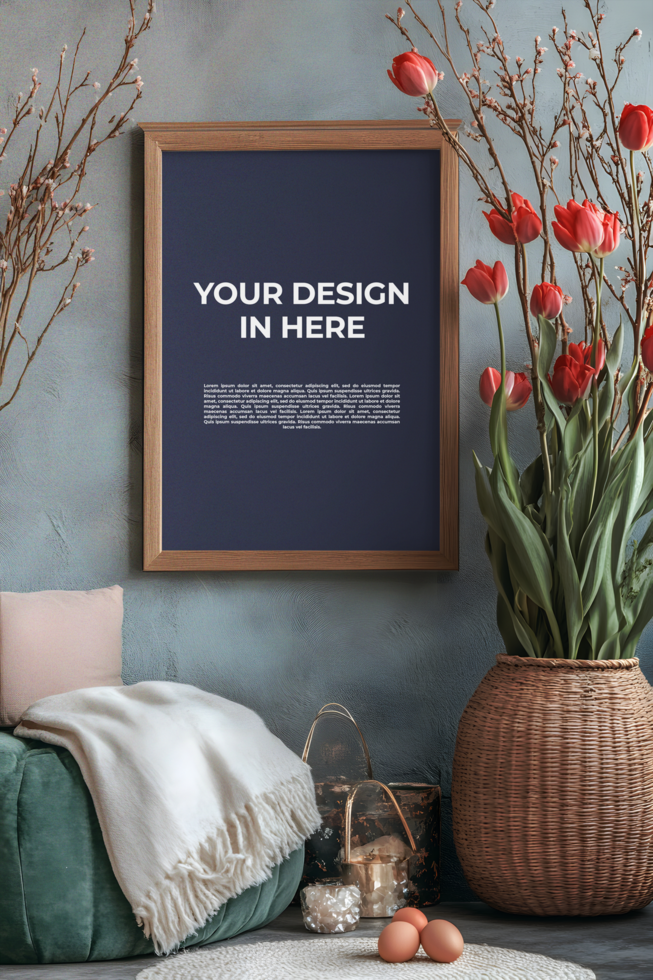 Spring Theme Frame Mockup with Red Tulips psd