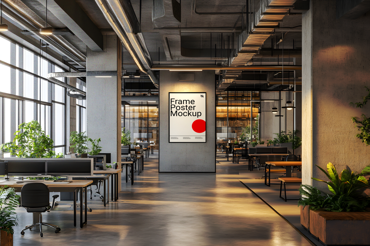 Atmospheric Industrial Coworking Space with a Frame Mockup psd