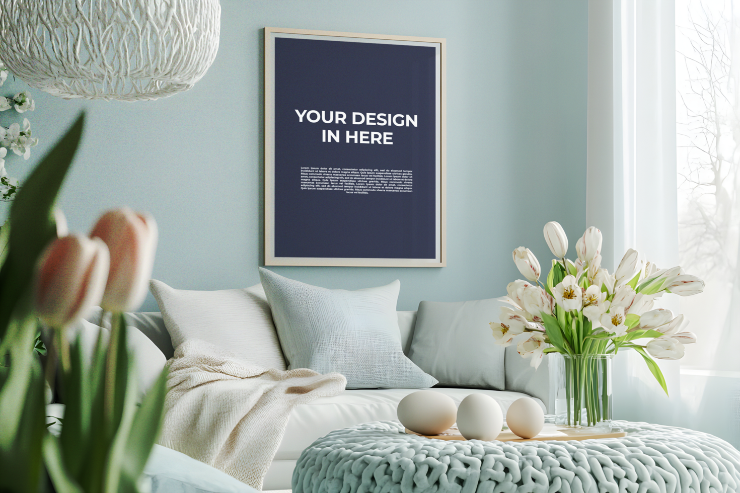 Fresh Spring Living Room with Frame Mockup psd