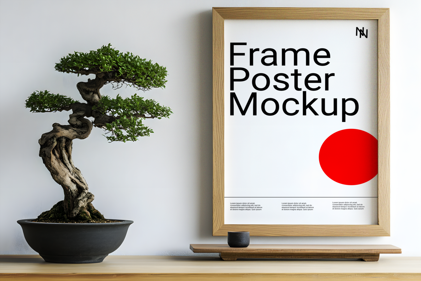 Japandi Style Decor with Frame Mockup and Bonsai psd