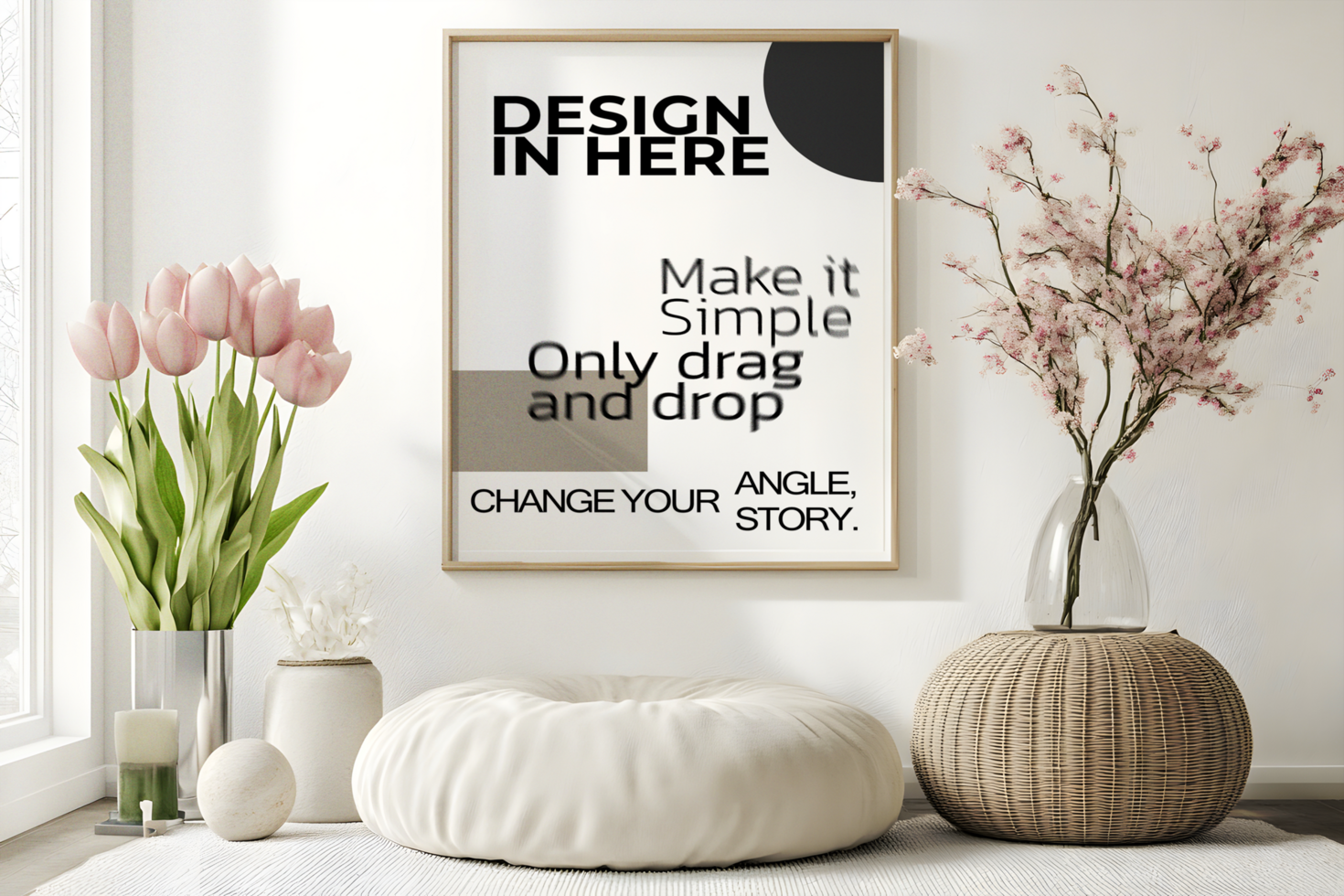 Japandi Style Scene with Spring Flowers and Frame Mockup psd