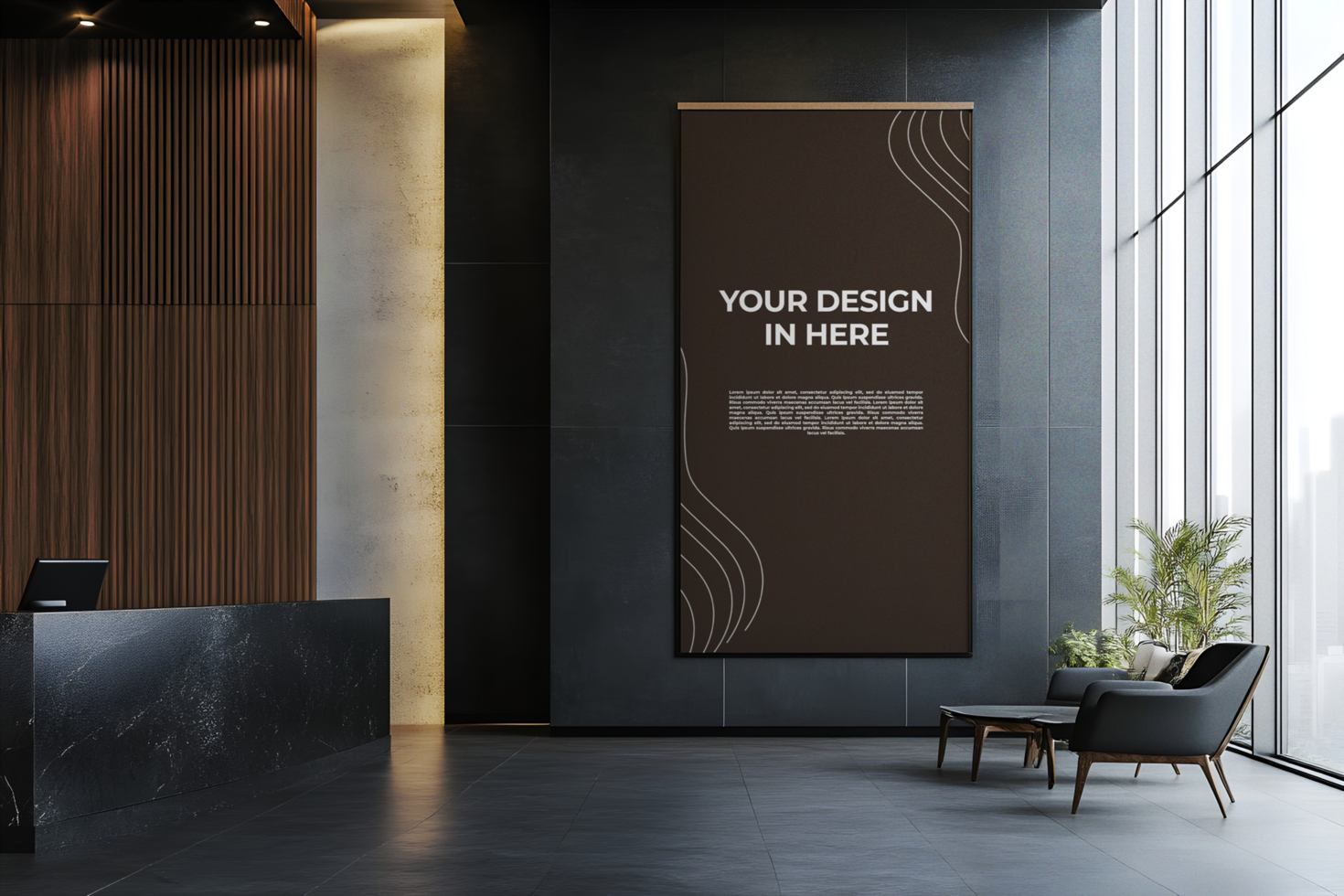 Hanging Banner Mockup in a Modern Hotel Lobby psd