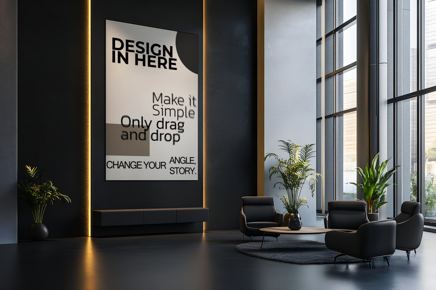 Luxury Dark Lobby with an Illuminated Poster Mockup psd