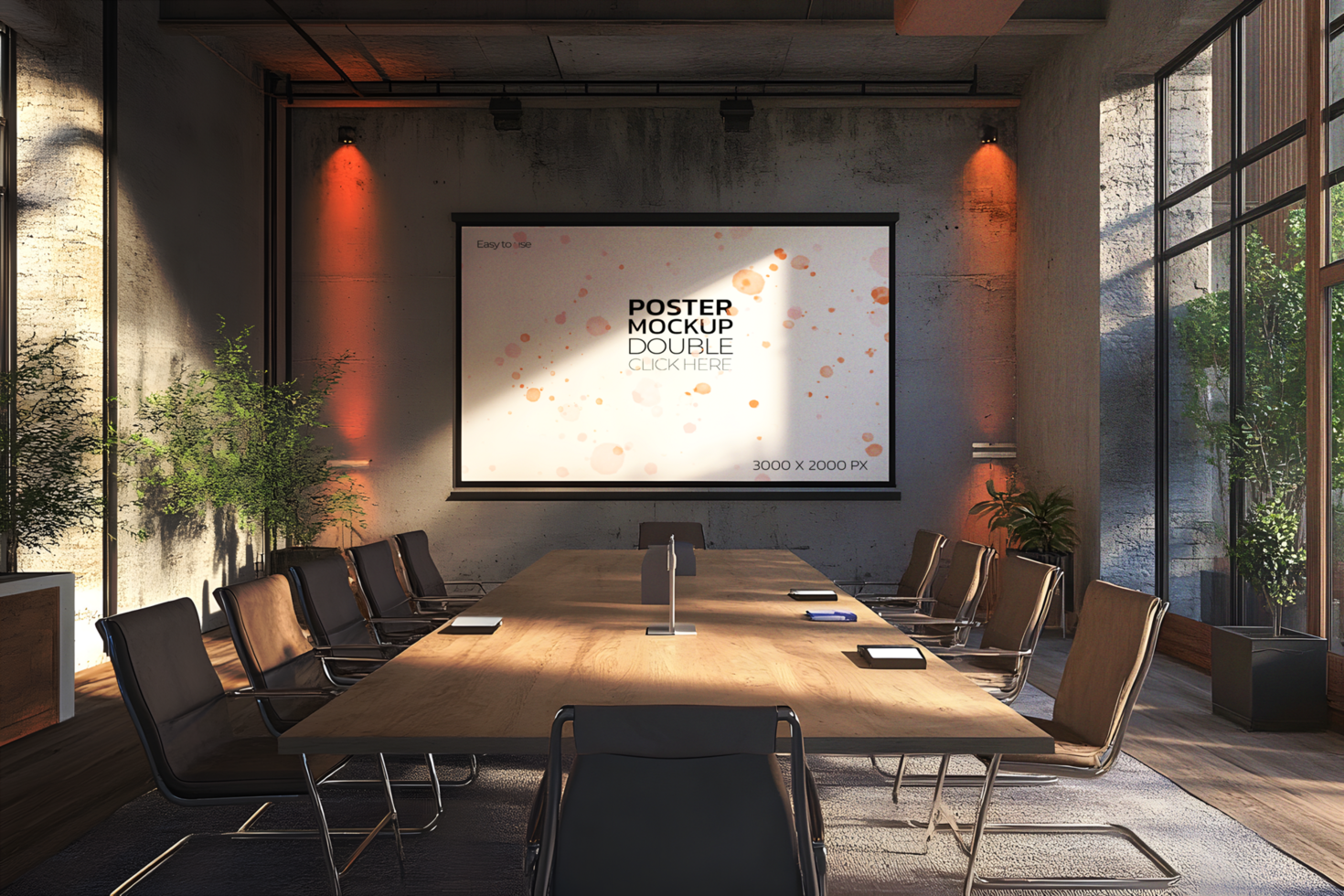 Projector Screen Mockup in an Industrial Boardroom psd