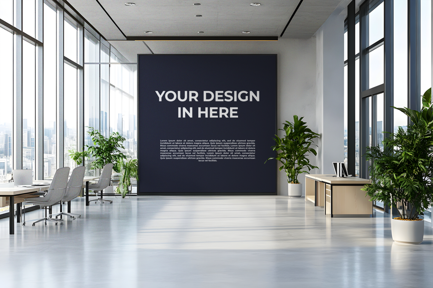 Massive Wall Mockup in a Spacious Open-Plan Office psd