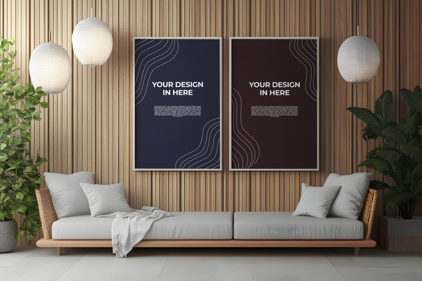 Japandi Living Room with a Double Frame Mockup psd