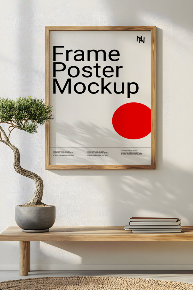 Japandi Scene with Frame Mockup on a Bench psd