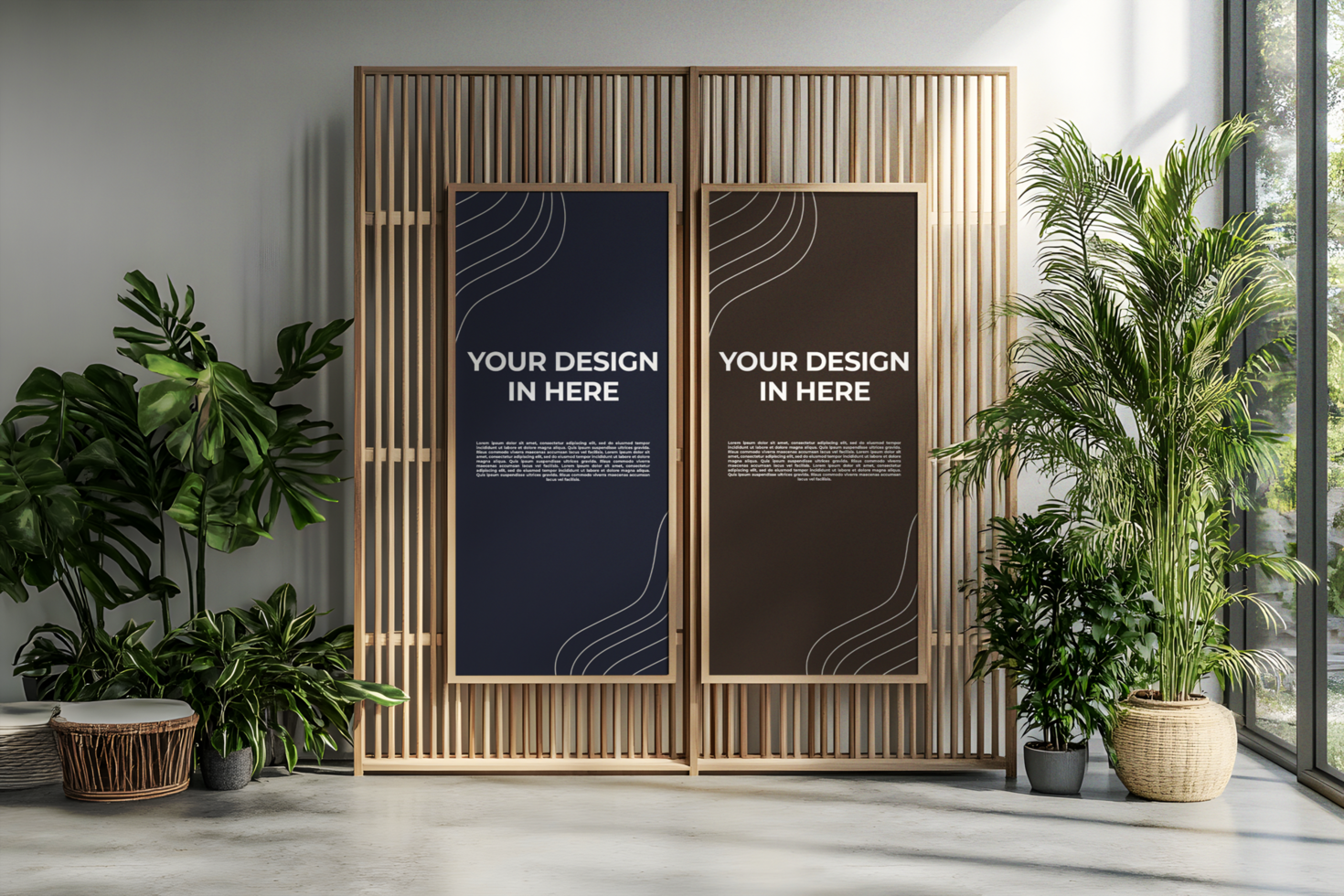 Double Poster Mockup on a Wooden Screen Divider psd
