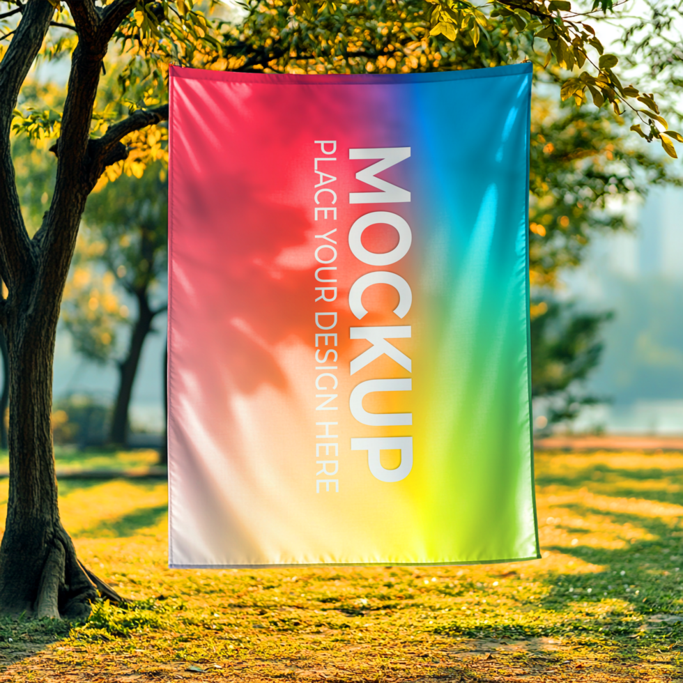 Vibrant Flag Banner Mockup Showcase Your Design in Autumnal Park Setting psd