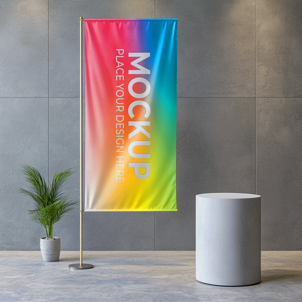 Rainbow Gradient Flag Banner Mockup Indoor Display Design Template psd
