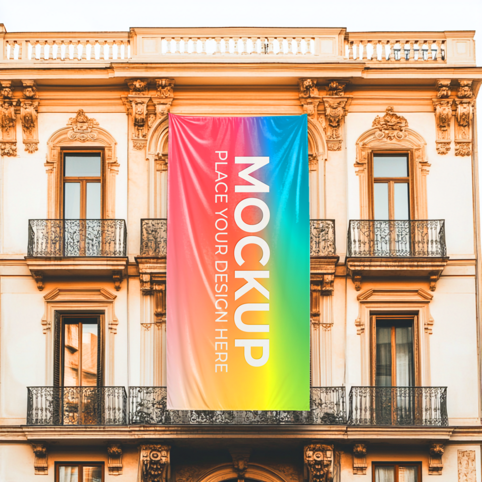 Vibrant Rainbow Banner Mockup on Classic Building Exterior psd