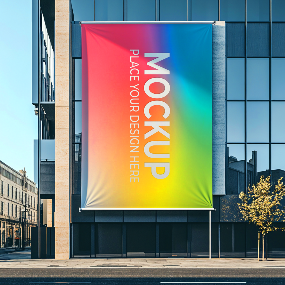 Vibrant Rainbow Banner Mockup Showcase Your Design on City Building psd