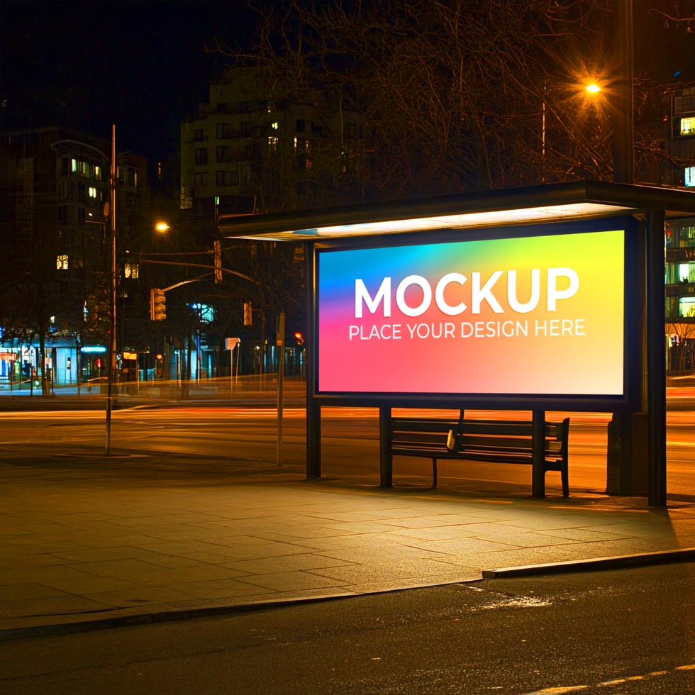 Nighttime Bus Stop Billboard Mockup Advertising in Urban Environments psd