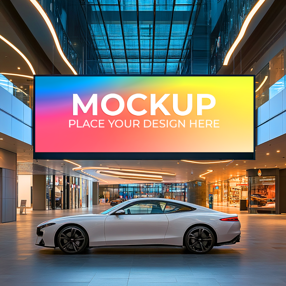 Luxury Car Vibrant LED Billboard Mockup Showcase Your Design in a Modern Mall Setting psd