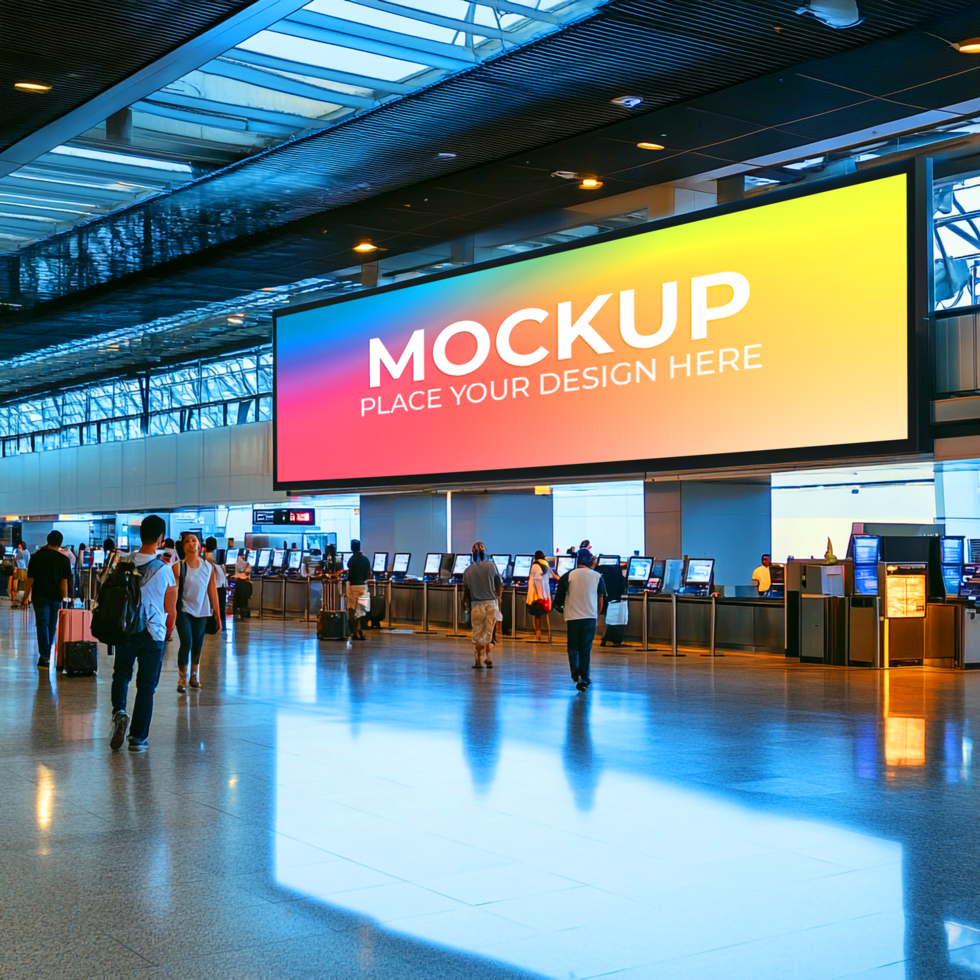 Airport Digital Signage Mockup Large LED Screen in Modern Terminal psd