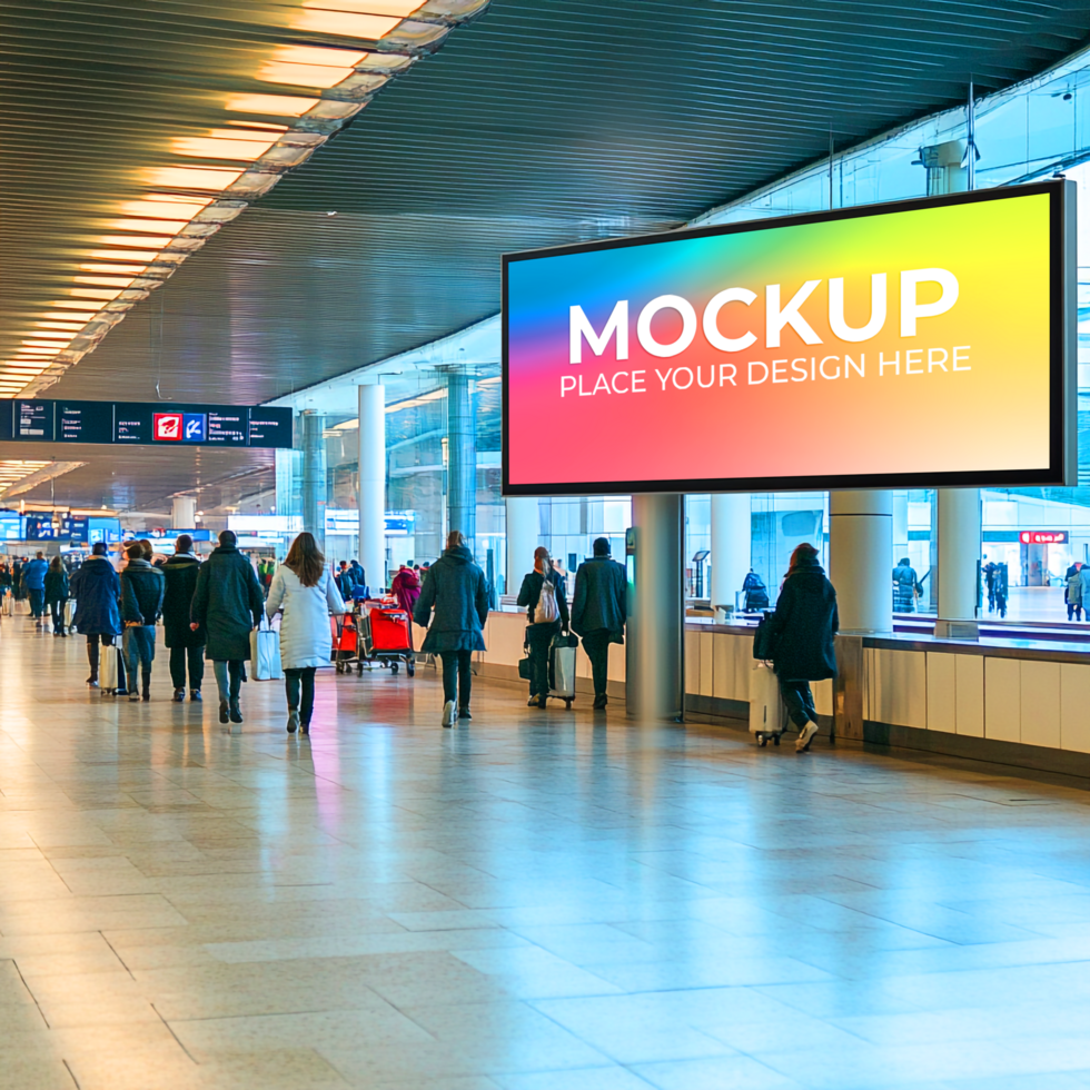 Digital Signage Mockup Large Indoor Display in Airport Terminal psd