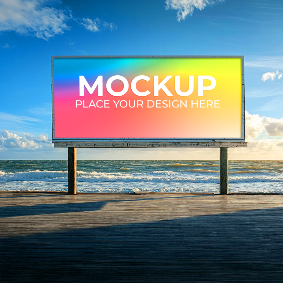 Billboard Mockup Vibrant Beach Scene Template psd