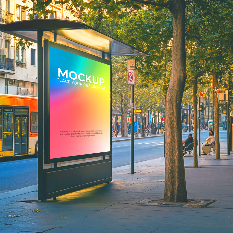 Vibrant City Bus Stop Ad Mockup Advertising Urban Design psd
