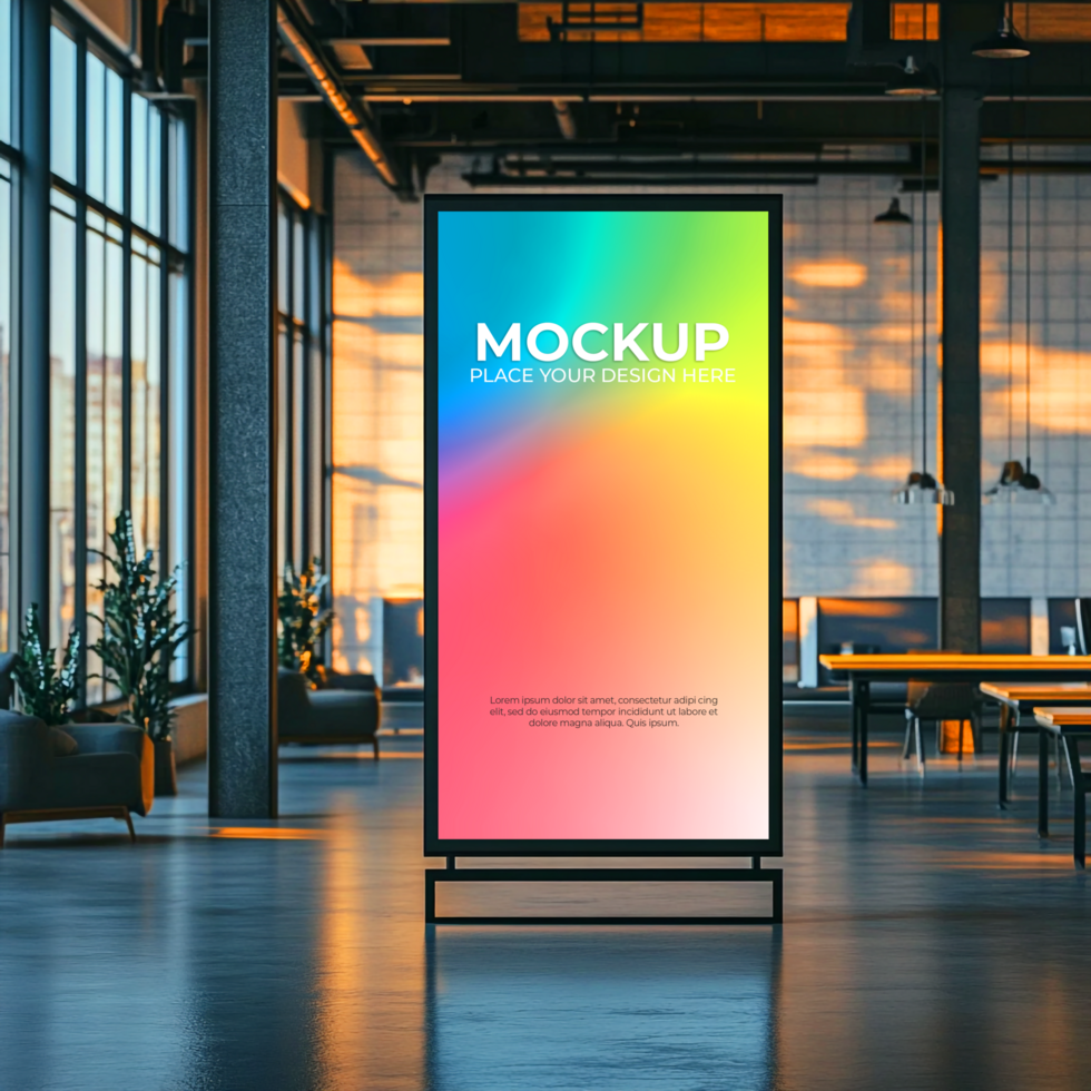 Vertical Digital Signage Mockup Modern Office Setting psd