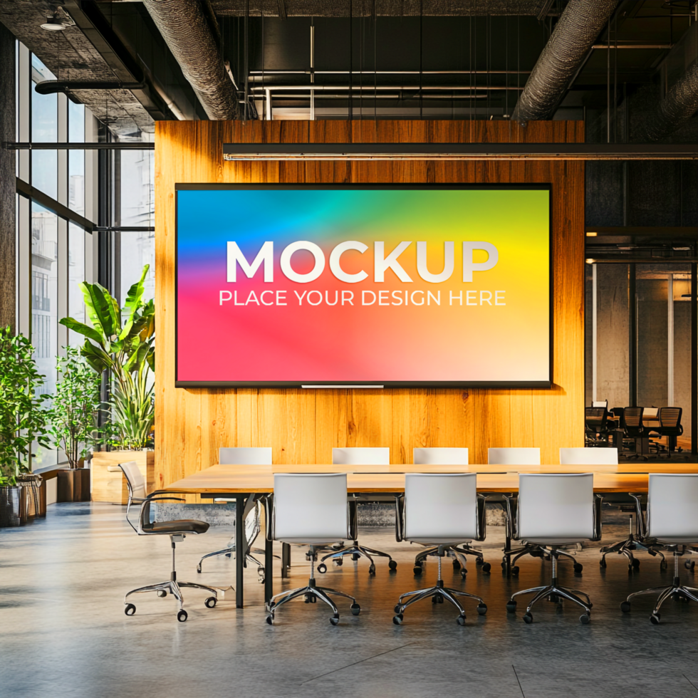 Modern Conference Room with Large Colorful Display Mockup psd
