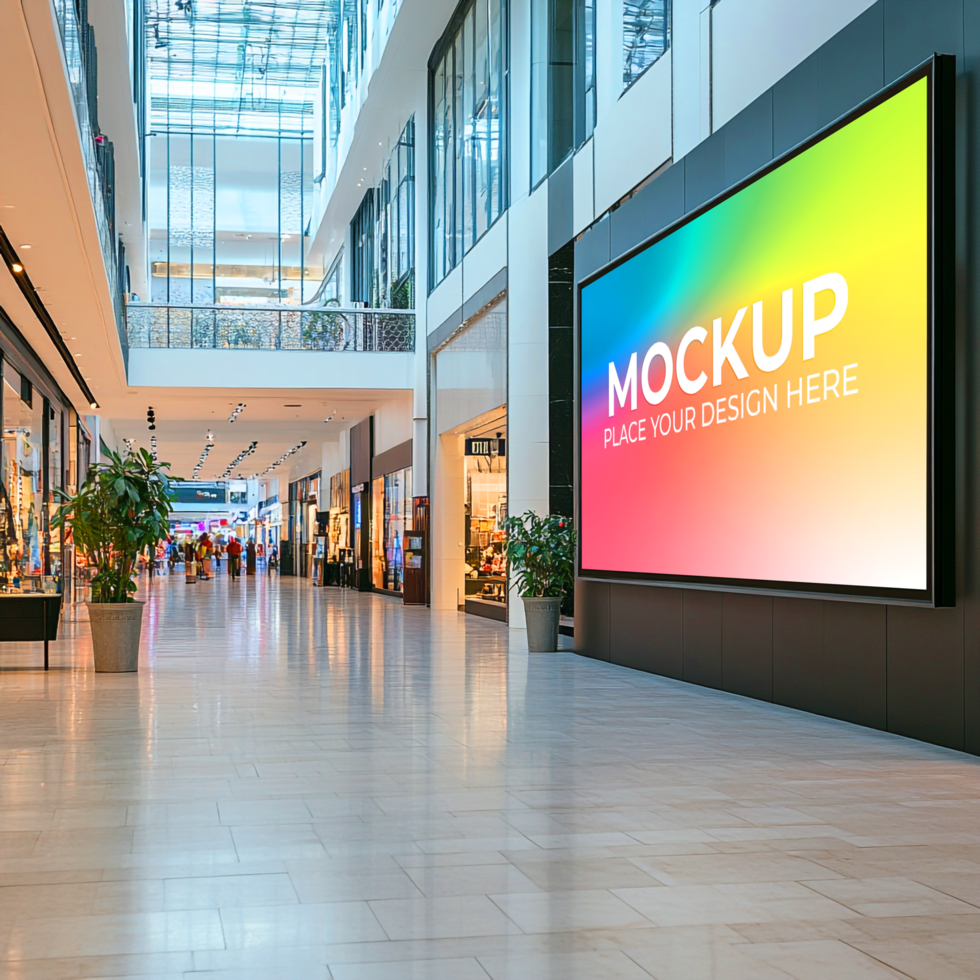Retail Display Mockup Giant Indoor LED Screen in Modern Mall psd