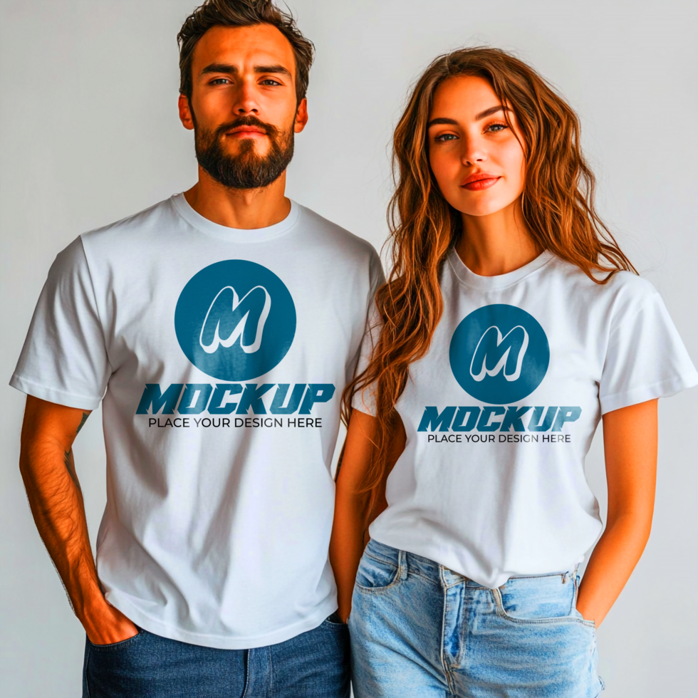 TShirt Mockup Couple Wearing Custom Designed Apparel Branding Presentation psd